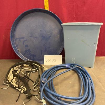 Plastic tray,extension cord,trash can