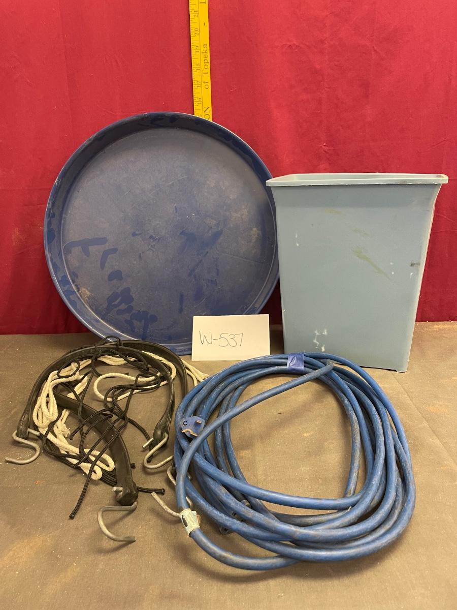 Plastic tray,extension cord,trash can