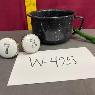 Enamel cup and 3 & 7 furniture pulls