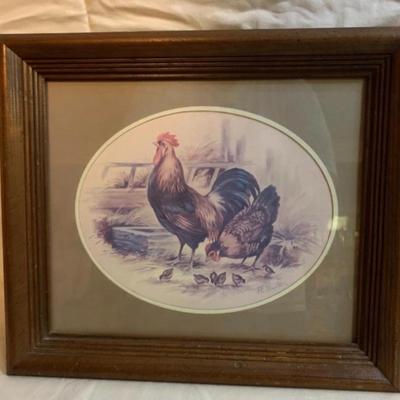 Vintage Rooster/Hen/Chicks Picture 14.5â€ wide x 12.5â€ high approx