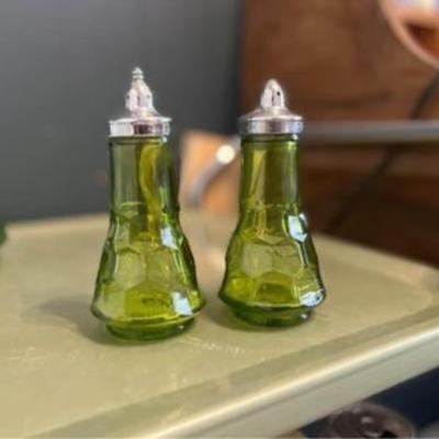 Vintage green glass shaker set