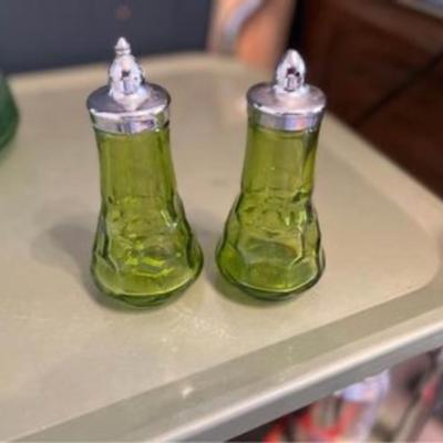 Vintage green glass shaker set