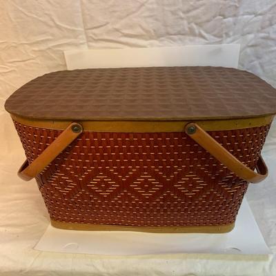 Vintage RED MAN WICKER SEWING PICNIC BASKET with Metal Handles - 18â€ x 12â€ x 10â€