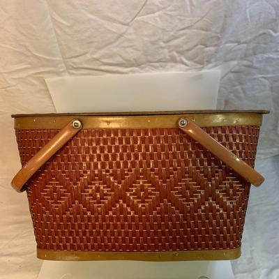 Vintage RED MAN WICKER SEWING PICNIC BASKET with Metal Handles - 18â€ x 12â€ x 10â€