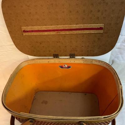 Vintage RED MAN WICKER SEWING PICNIC BASKET with Metal Handles - 18â€ x 12â€ x 10â€