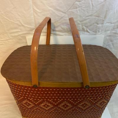 Vintage RED MAN WICKER SEWING PICNIC BASKET with Metal Handles - 18â€ x 12â€ x 10â€