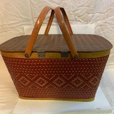 Vintage RED MAN WICKER SEWING PICNIC BASKET with Metal Handles - 18â€ x 12â€ x 10â€