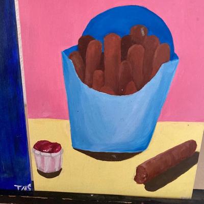 original paintings from the series hot dog butt blue martini is named hotdog but martini the pink and yellow picture is named french...