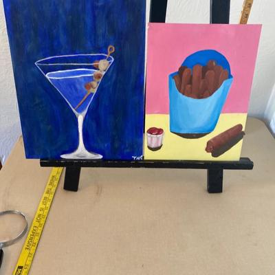 original paintings from the series hot dog butt blue martini is named hotdog but martini the pink and yellow picture is named french...
