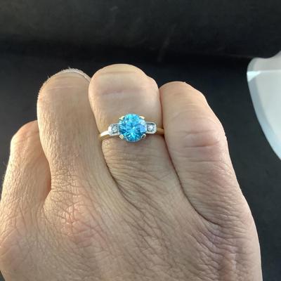 J1294 14kt Yellow Gold Round Blue Topaz and Diamond Ladies Ring