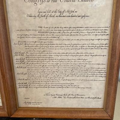 Framed copies of the declaration of independence and the bill of rights