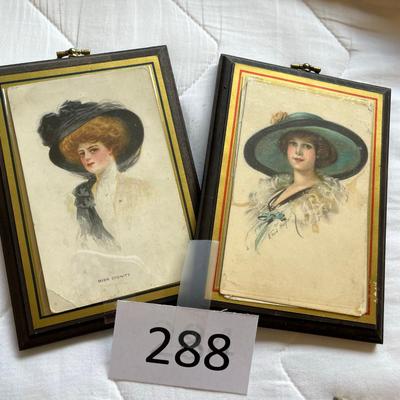 Two Vintage Fashion post Cards framed