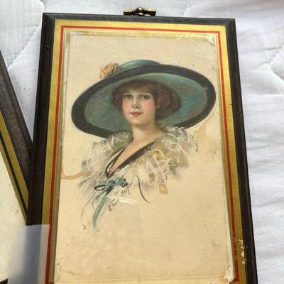 Two Vintage Fashion post Cards framed