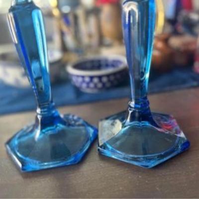 Vintage blue glass candle stick holders