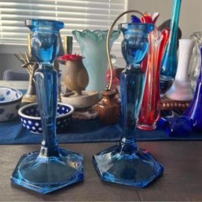 Vintage blue glass candle stick holders
