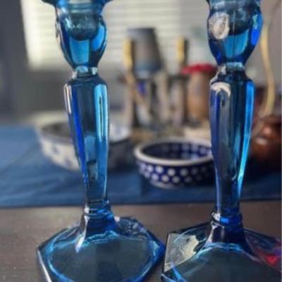 Vintage blue glass candle stick holders