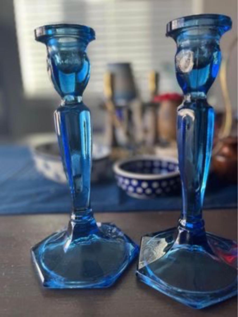Vintage blue glass candle stick holders