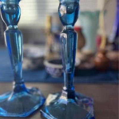 Vintage blue glass candle stick holders