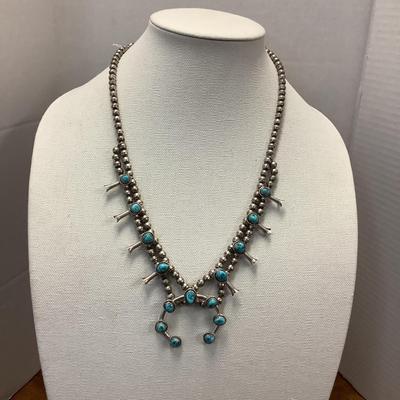 J1315 Vintage Sterling and Turquoise Squash Blossom Necklace