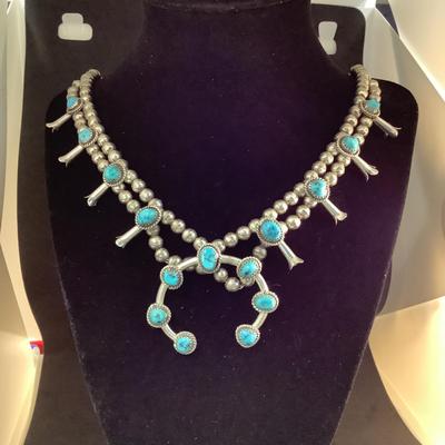 J1315 Vintage Sterling and Turquoise Squash Blossom Necklace