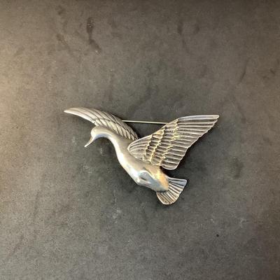 J1317 Large Sterling Flying Duck Brooch