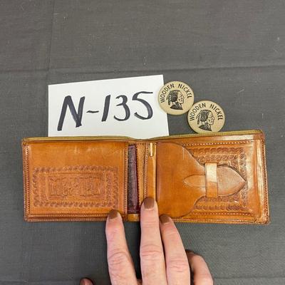 Mexican wallet & 2 wooden nickels
