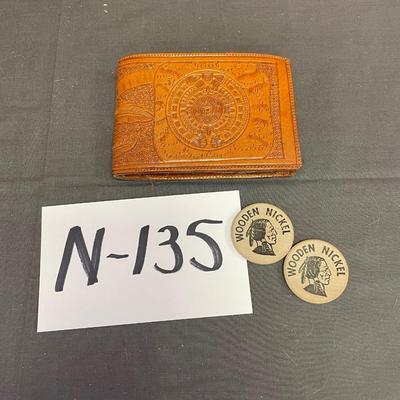 Mexican wallet & 2 wooden nickels