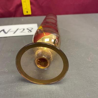 Tall, gold banded glass bud vase