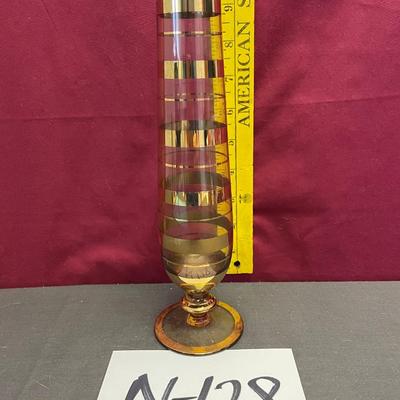 Tall, gold banded glass bud vase