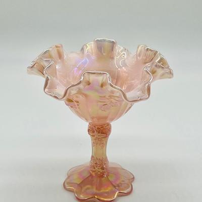 FENTON ~ Pink Ruffled Iridescent Candy Dish