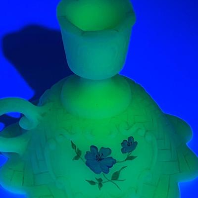 FENTON ~ Vaseline/Uranium Glass ~ Hand Painted Blue Roses & Signed Candelabra