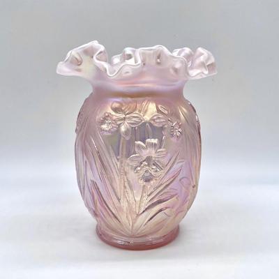 FENTON ~ Pink Chiffon Daffodils Iridescent Ruffle Top Vase