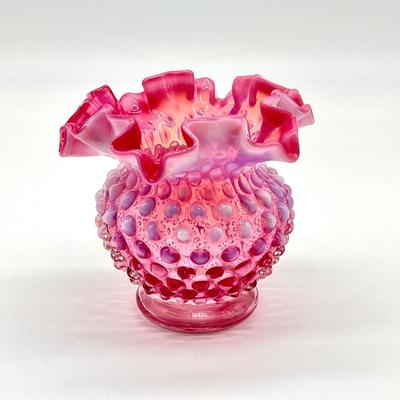 FENTON ~ Cranberry Opalescent Hobnail Ruffled Rose Vase