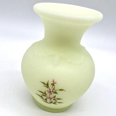 FENTON ~ Vaseline/Uranium Glass ~ Custard Satin Floral Vase