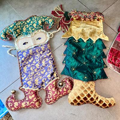 LOT 274 GROUP OF GLAM CHRISTMAS STOCKINGS JESTER CHRISTMAS TREE BOOT RED & GOLD