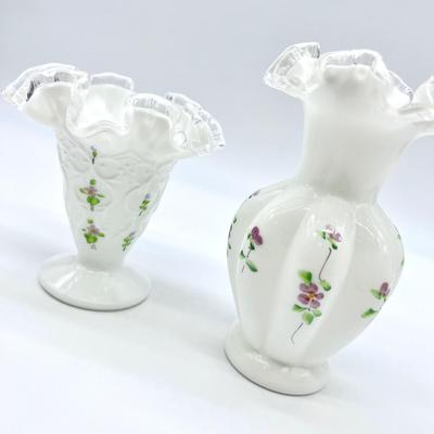 FENTON ~ Violets In The Snow ~ Pair (2) Silver Crest Vases