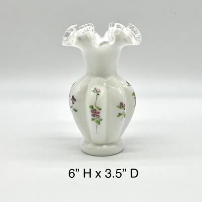 FENTON ~ Violets In The Snow ~ Pair (2) Silver Crest Vases