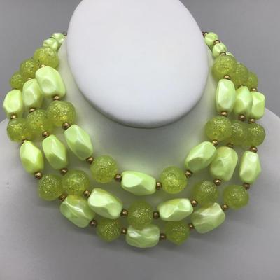 Vintage  lemon yellow Lucite Type with glitter  beaded necklace