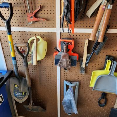 Garage Wall Lot Tools, Shovels, Saws, Mop, and More