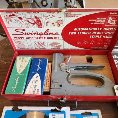 Mix Lot tools , Vintage Swingline Staple Gun kit, Riveter, Miter , Saw Blades,