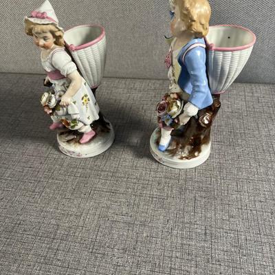 Antique Boy and Girl w/Baskets Figurine German Bisque Porcelain