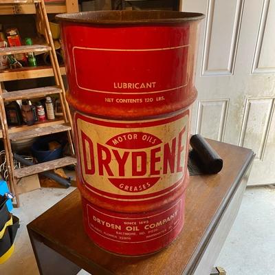 Vintage Drydene Steel Oil Drum. 26 inches high by 14 inches Diameter.