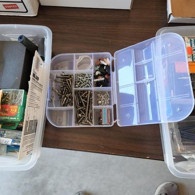 Large Lot of 20 Filled Containers Clamps, Fly sticker, Nails, Drill Bits ,Nuts, + more