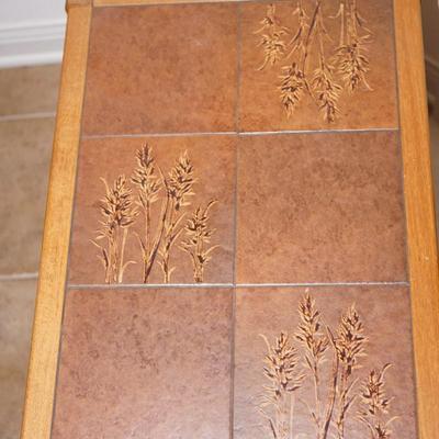 TEAK FRAMED END TABLE/ TILE TOP WITH FERNS