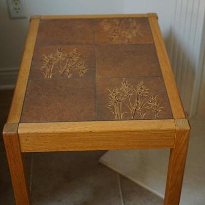 TEAK FRAMED END TABLE/ TILE TOP WITH FERNS