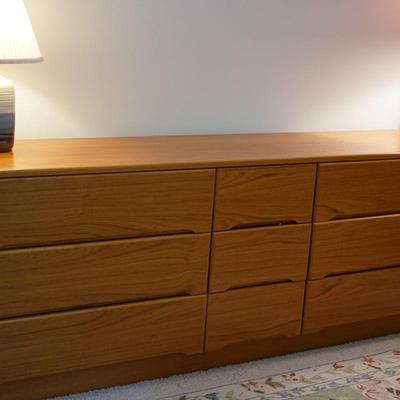 NINE DRAWER DOUBLE TEAK BUREAU 74" SIMPLE DESIGN VERY GOOD CONDITION