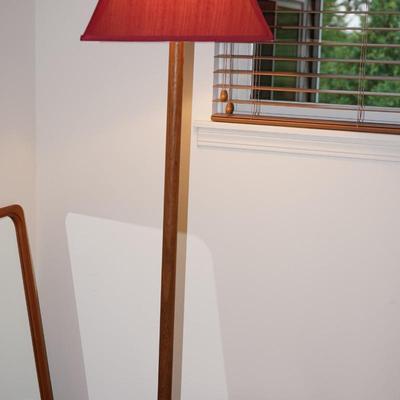 TEAK ROUND COLUMN POLE LAMP WITH RED FABRIC SHADE