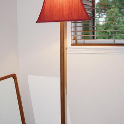 TEAK ROUND COLUMN POLE LAMP WITH RED FABRIC SHADE