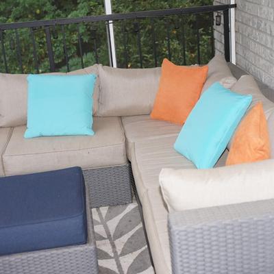 FIVE PIECE WICKER RESIN PATIO SECTIONAL W/ OTTOMAN GREY TONES WITH BEIGE CUSHIONS