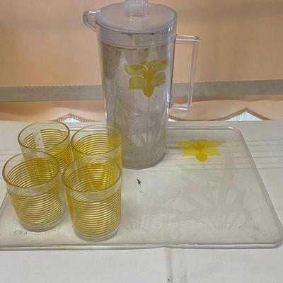 Vintage Plastic Pitcher and Tray with Four Glasses